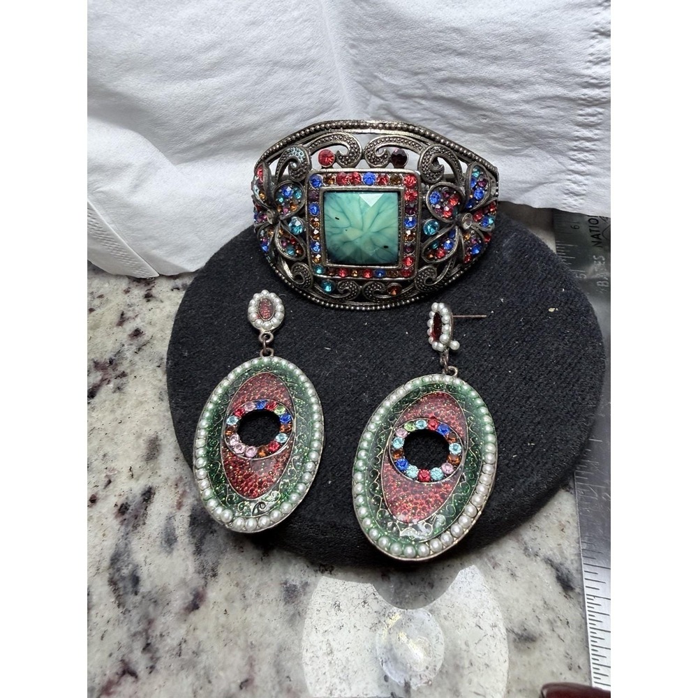 Vintage Statement Cuff‎ Bracelet & Earrings Multicolor Rhinestone Set